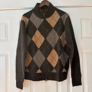 J. Crew Argyle Zip-Up Sweater - Black, Gray, Brown Lambswool Size Large EUC